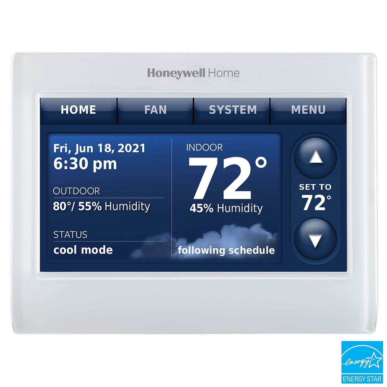 Resideo Prestige IAQ YTHX9421R5127WW Programmable Thermostat Kit, 7 Day Or Non-Programmable Programmability, 4 H / 2 C (Heat Pump), 3 H / 2 C (Conventional), Auto, Manual, Wall Mount, Junction Box Mount, Wired / Lead Wires (Thermostat To EIM), Redlink (Wireless), Wifi (Via Gateway), 18-30 VAC, Hardwired, Battery Backup
