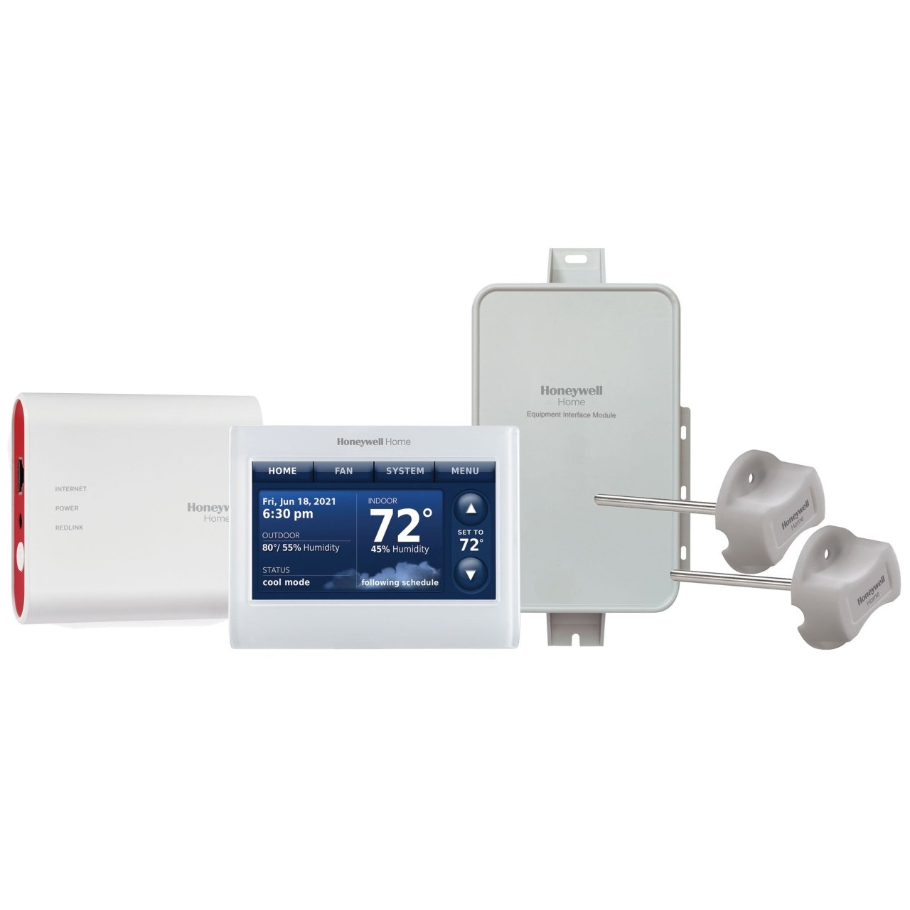 Resideo Prestige IAQ YTHX9421R5127WW Programmable Thermostat Kit, 7 Day Or Non-Programmable Programmability, 4 H / 2 C (Heat Pump), 3 H / 2 C (Conventional), Auto, Manual, Wall Mount, Junction Box Mount, Wired / Lead Wires (Thermostat To EIM), Redlink (Wireless), Wifi (Via Gateway), 18-30 VAC, Hardwired, Battery Backup